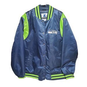 Men’s Starter Seattle Seahawks Navy & Green Satin Full Button Jacket NWOT XL